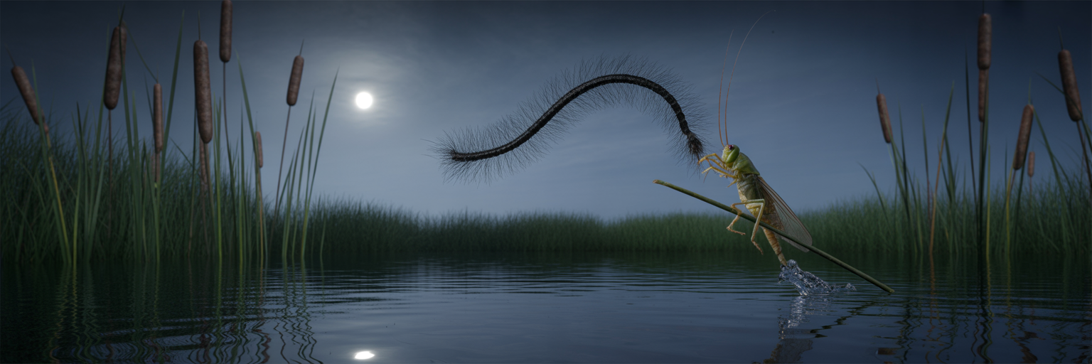 Cricket jumping into water with hairworm emerging