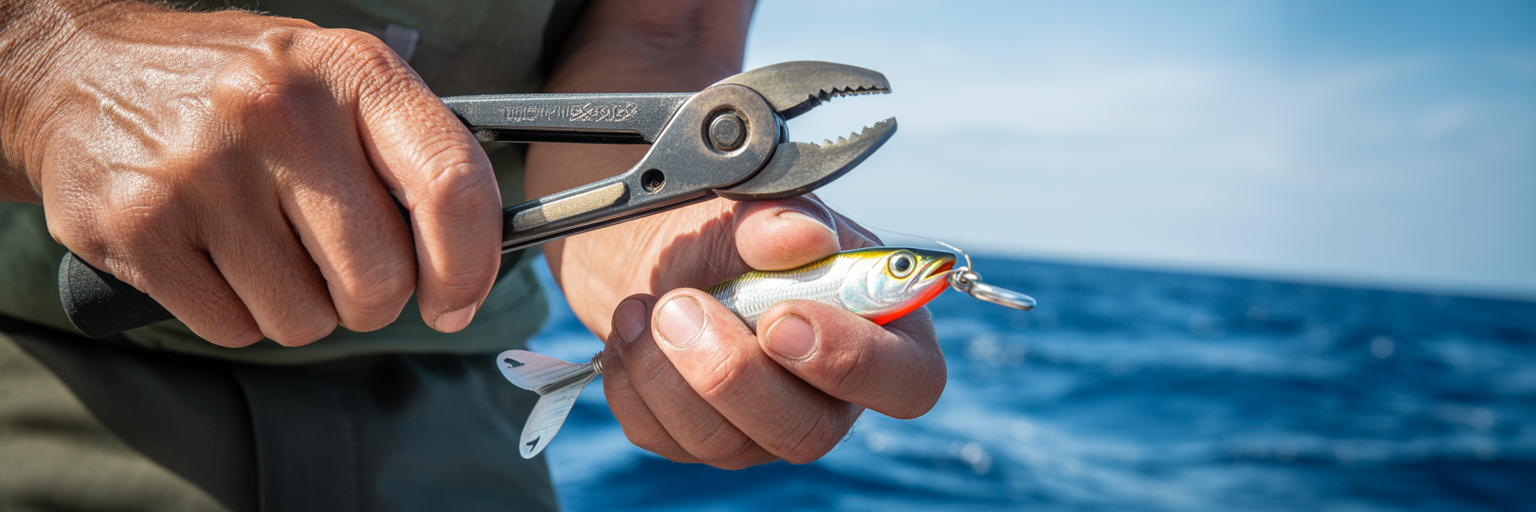 Crimping a hook on an offshore trolling lure.