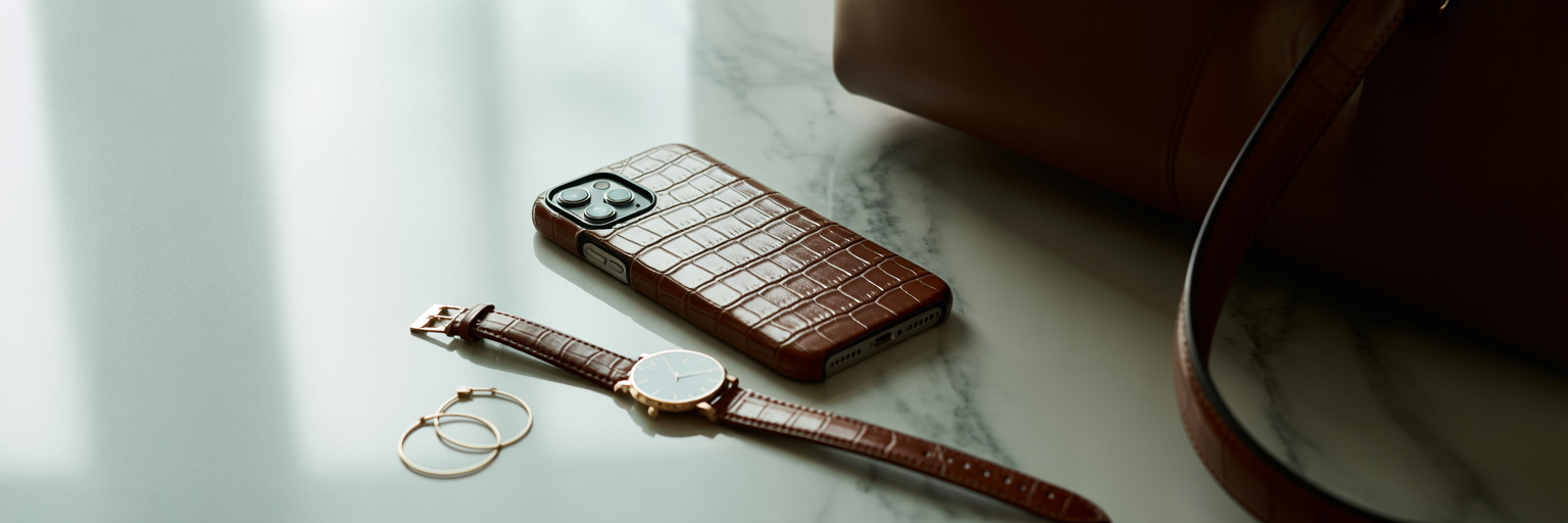 Crocodile iPhone case with matching fashion accessories.