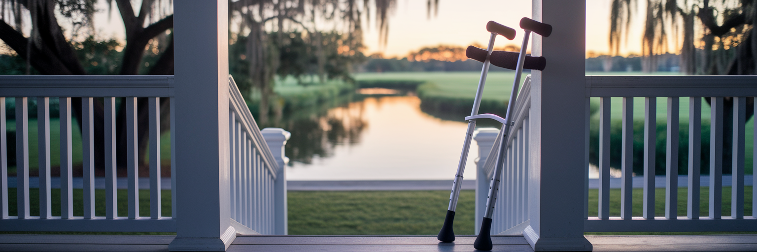 Recovering Lost Wages After A Truck Accident On I 526 3 Crutches leaning on porch overlooking water.