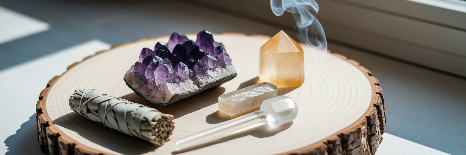 Crystals and sage bundle for cleansing ritual.
