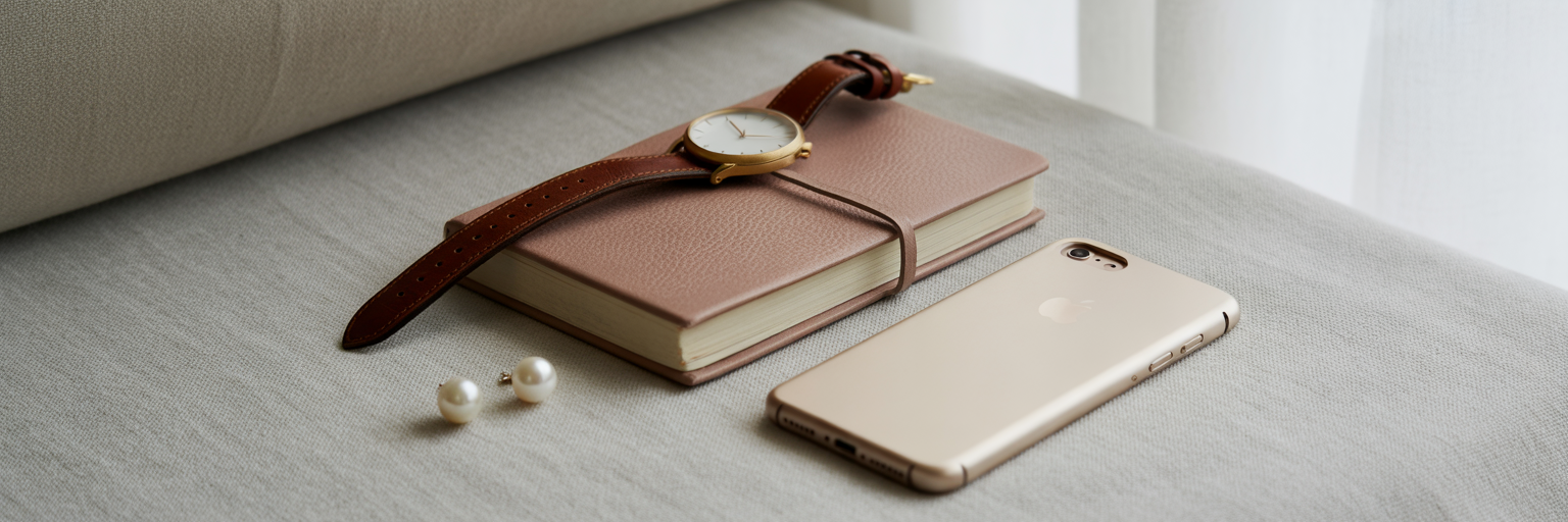 Curated flat lay of timeless accessories.