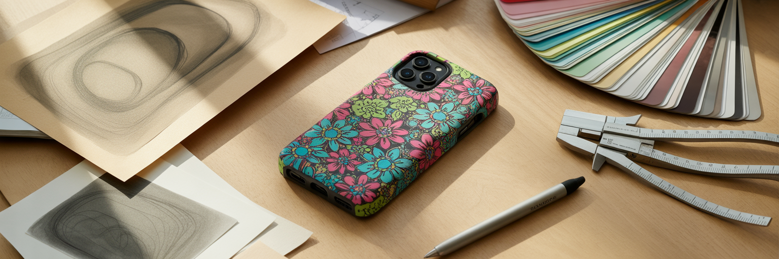 Custom iPhone case design in workshop.