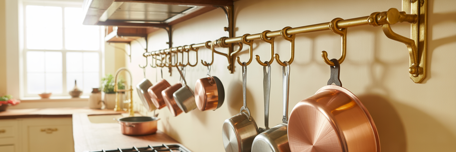 Custom kitchen pot rack made from brass hardware