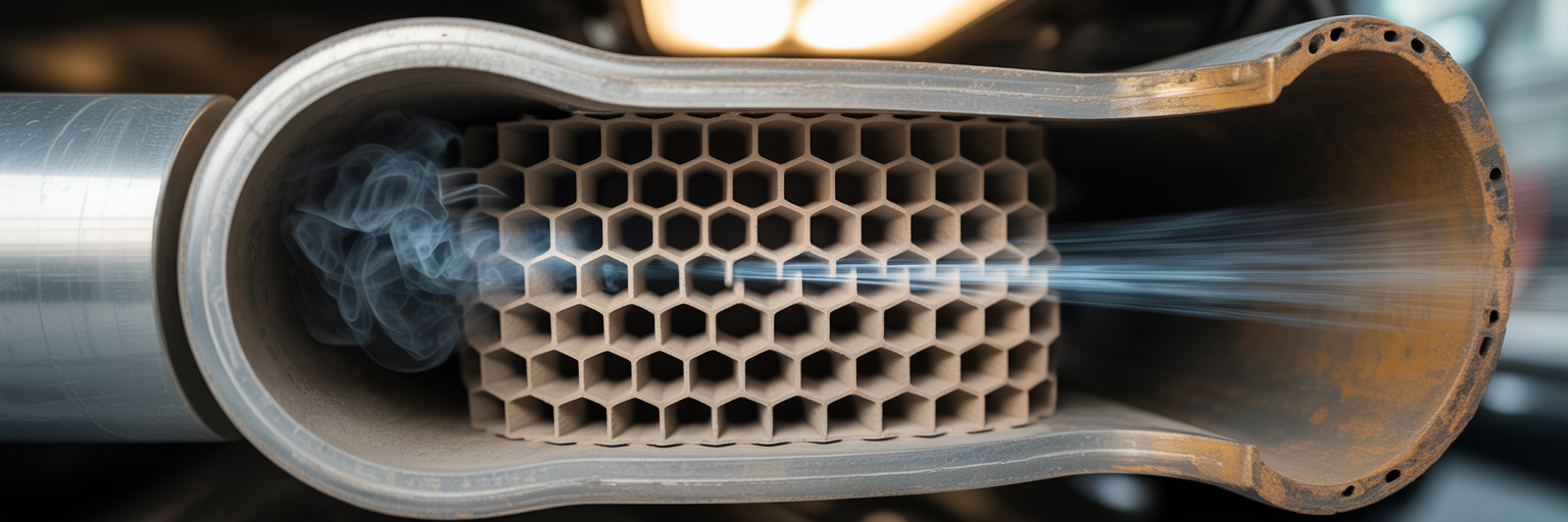 Cutaway view of catalytic converter cleaning exhaust.