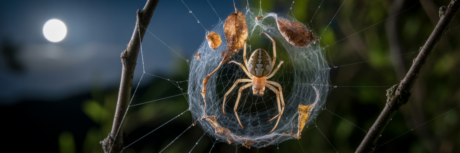 Cyclosa spider building its web decoy