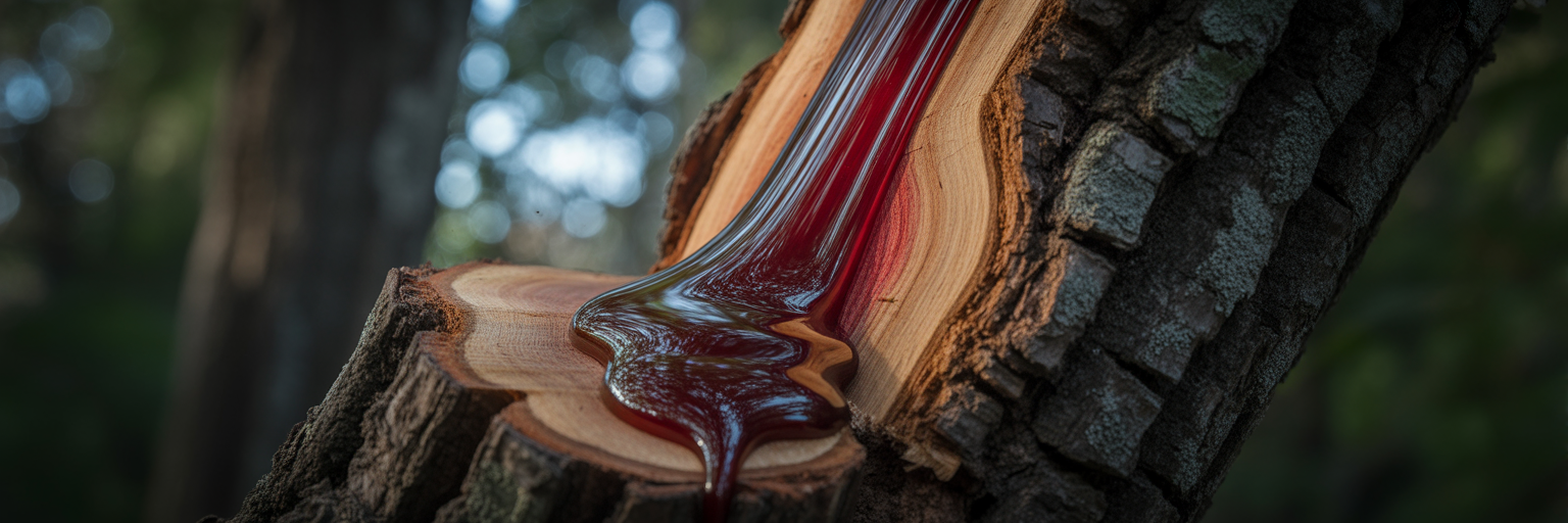 Dark red resin oozing from a cut tree trunk.