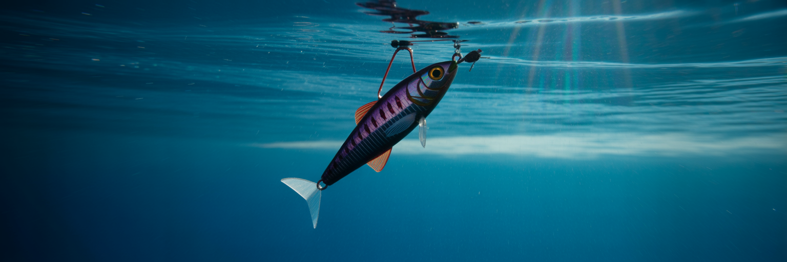 Dark trolling lure silhouette underwater.