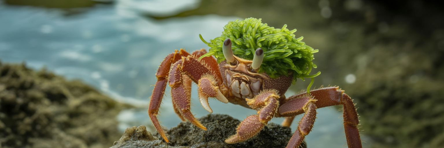 Decorator crab attaching seaweed to shell.