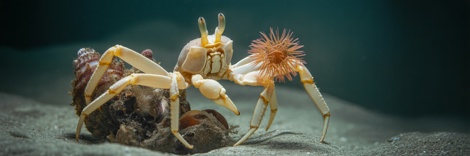 Decorator crab transferring anemone after molting.