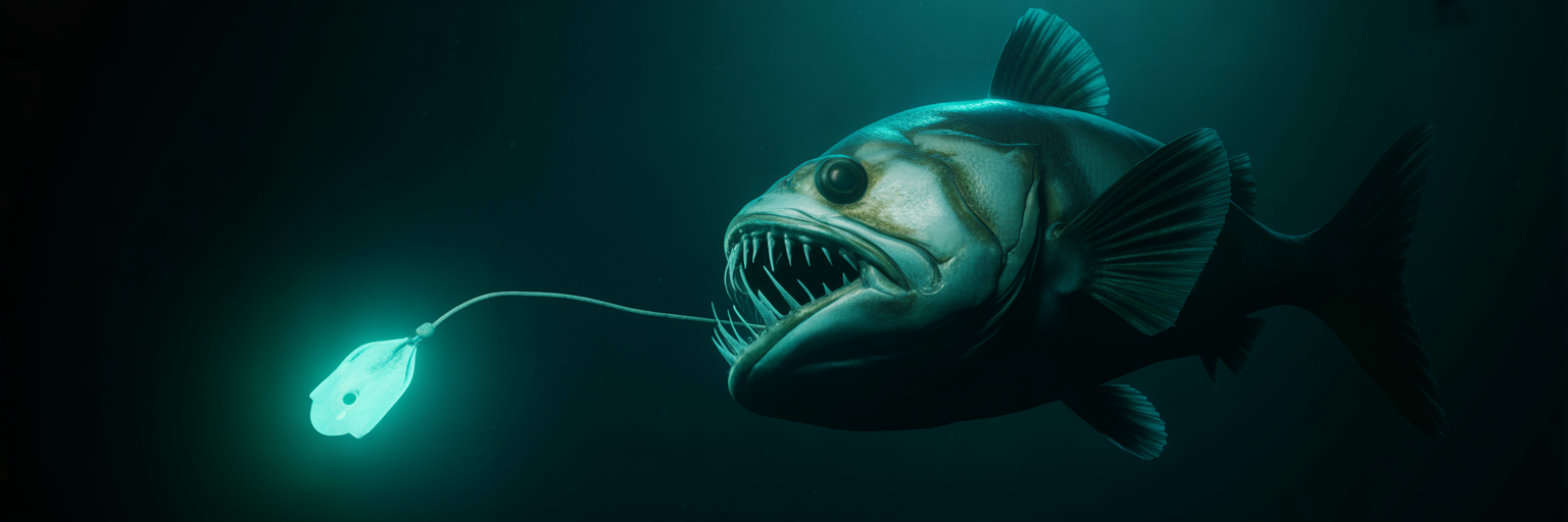 Deep-sea anglerfish swimming upside down in darkness.