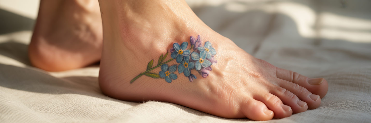 Delicate birth flower foot tattoo