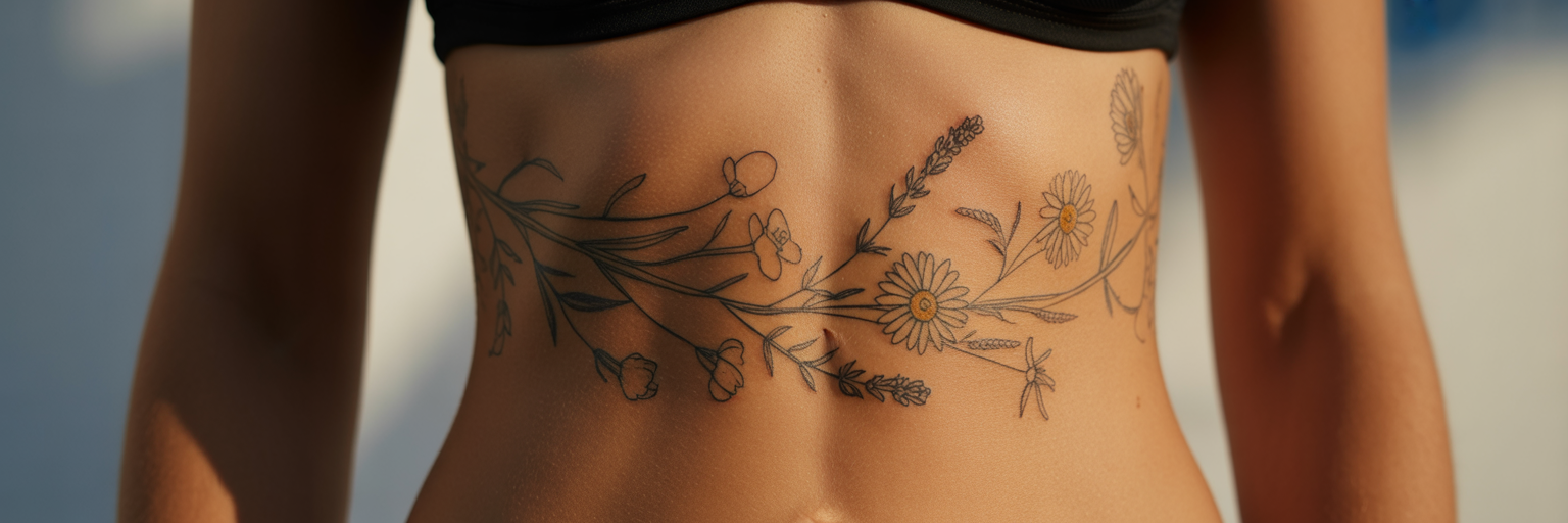 Delicate fine-line wildflower rib tattoo