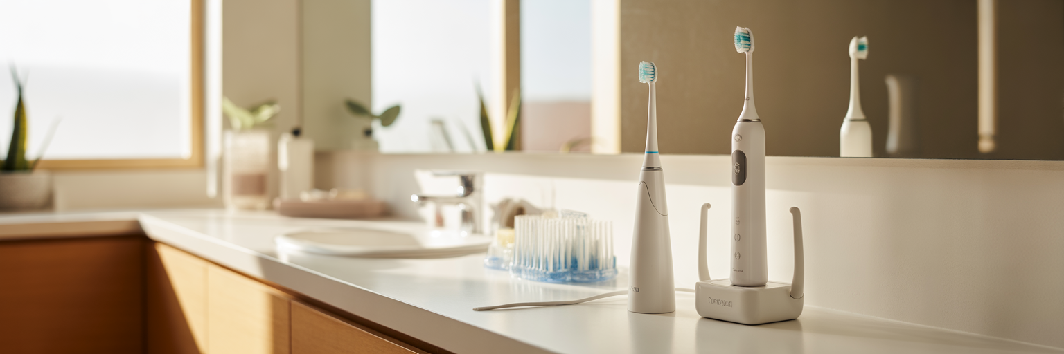 Dental implant care tools on bathroom vanity.