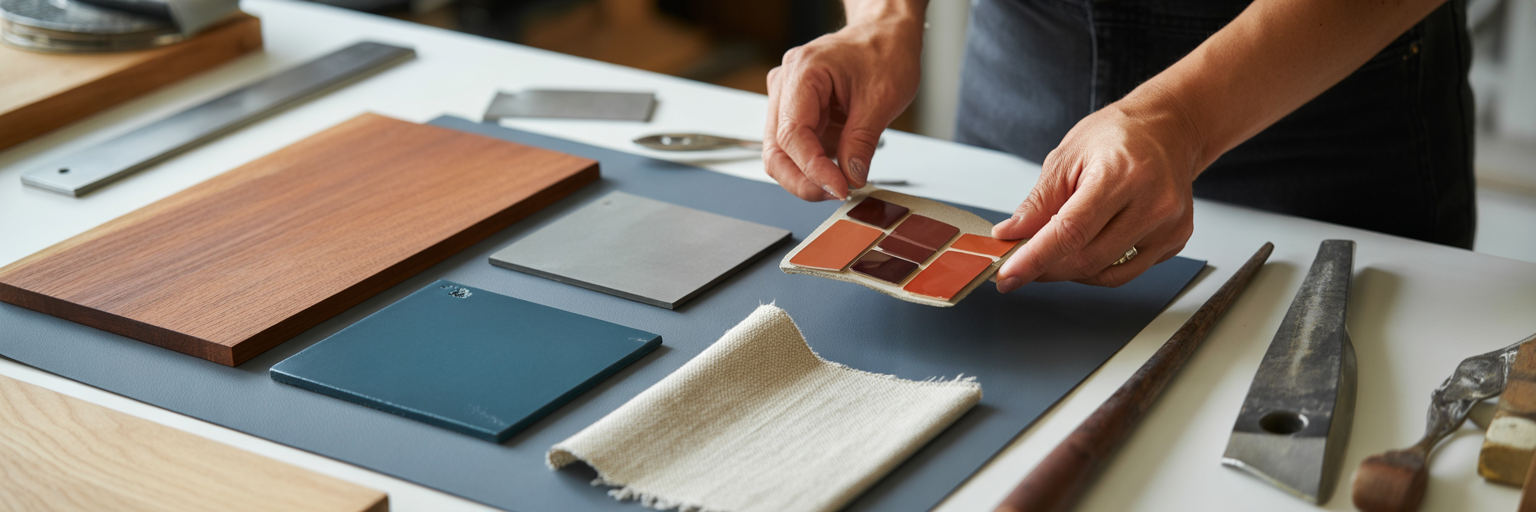 Designer arranging material swatches on workshop bench.