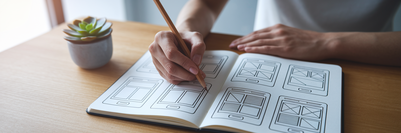 Designer planning app screenshot layouts in notebook.