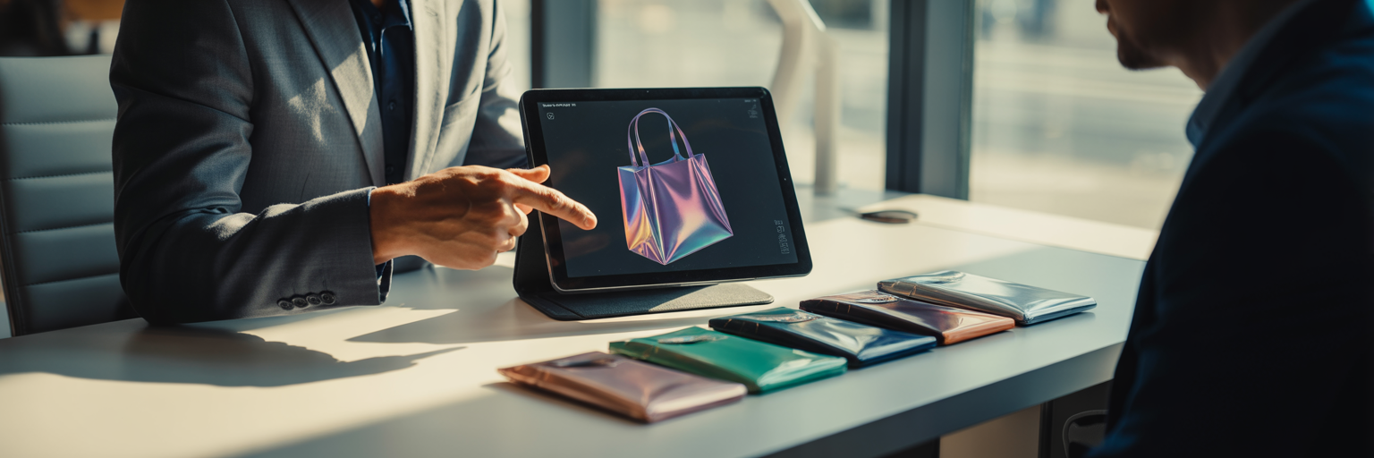 Designer showing custom packaging 3D mockup