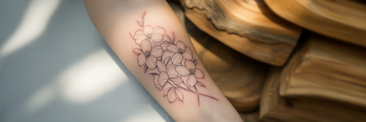 Detailed fine-line floral tattoo symbolizing growth.