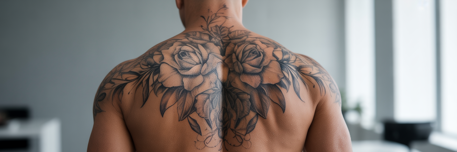 Detailed floral tattoo on upper back