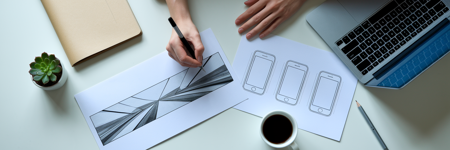 Developer sketching different app screenshot layouts.