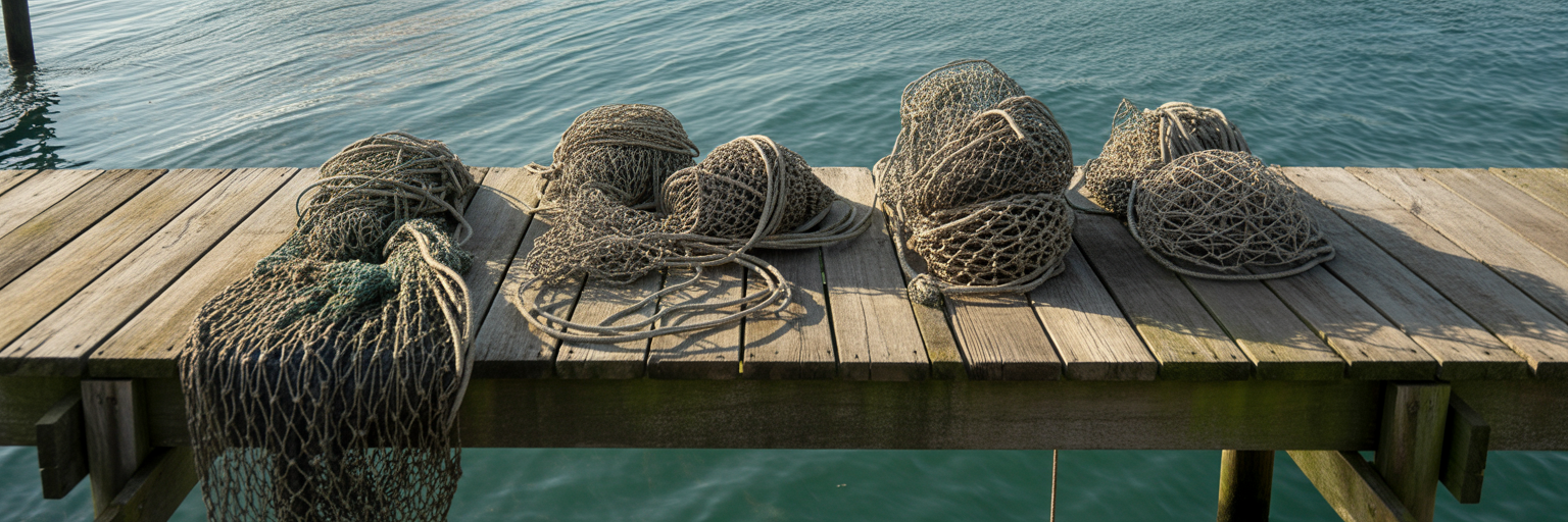 Different cast nets on a fishing dock