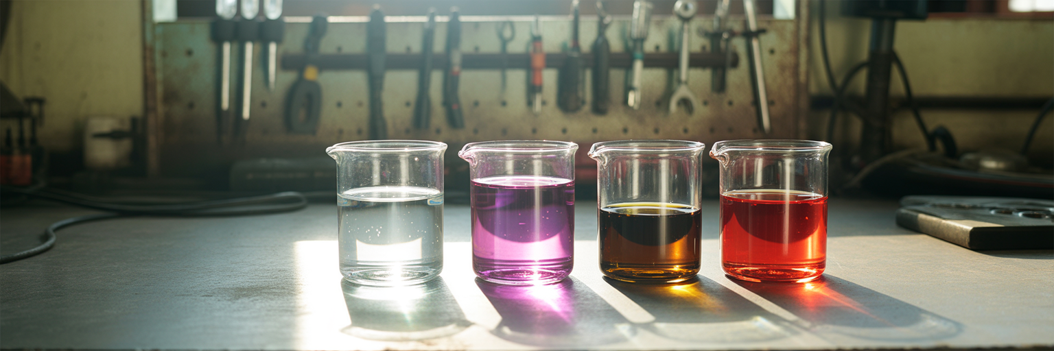 Different colored automotive fluids in glass beakers.
