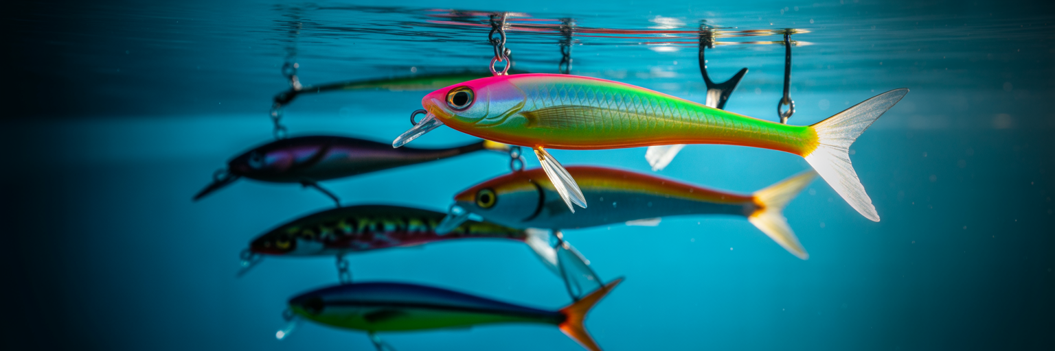 Different colored trolling lures underwater