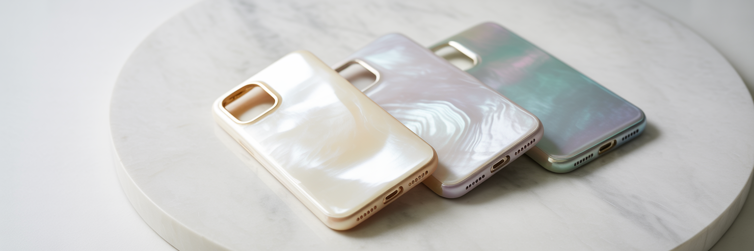Different styles of Mother of Pearl rectangle iPhone cases.