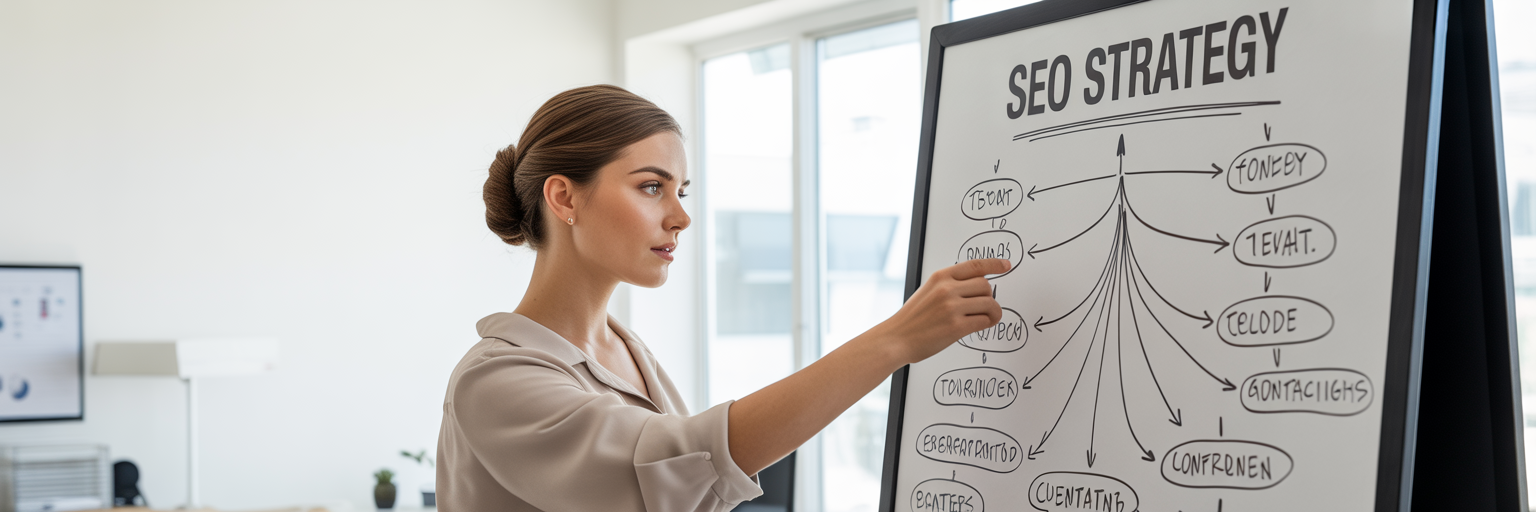 Digital marketer planning SEO keyword strategy.