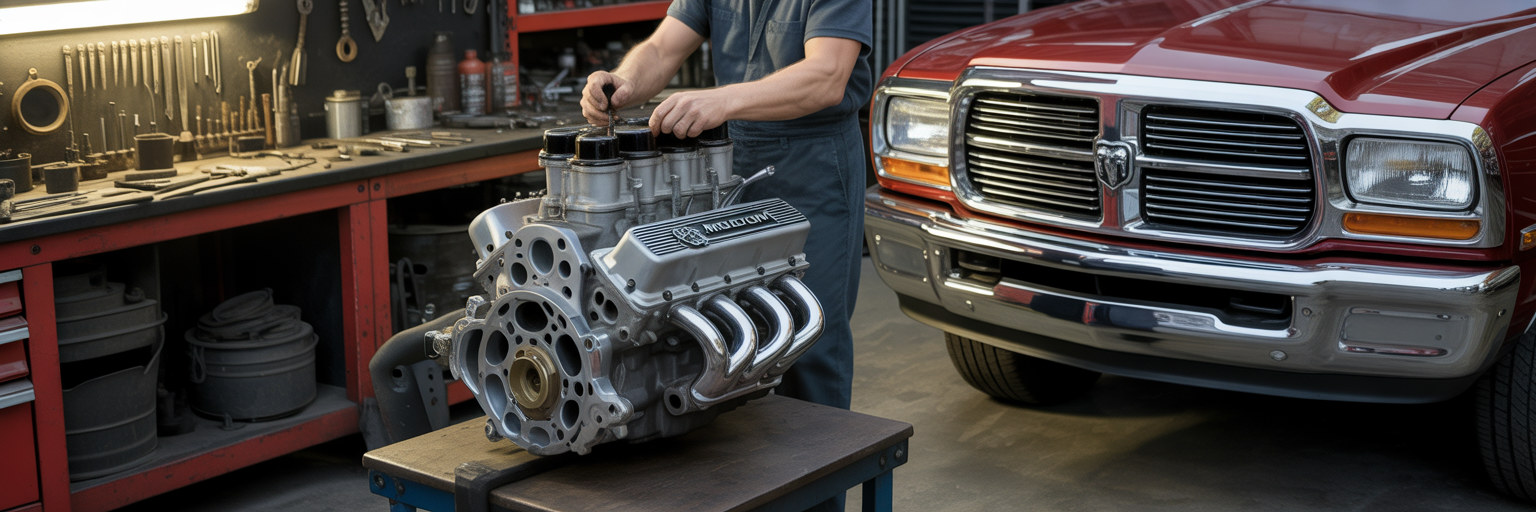 Disassembled Magnum V8 engine in workshop.