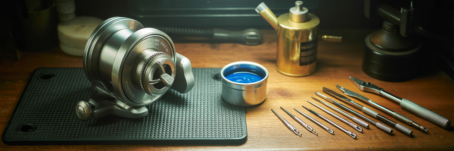 Disassembled offshore reel on maintenance workbench