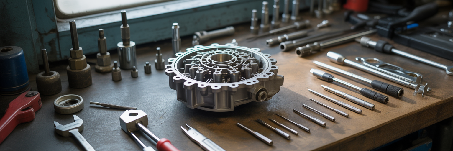Disassembled transmission valve body on workbench.