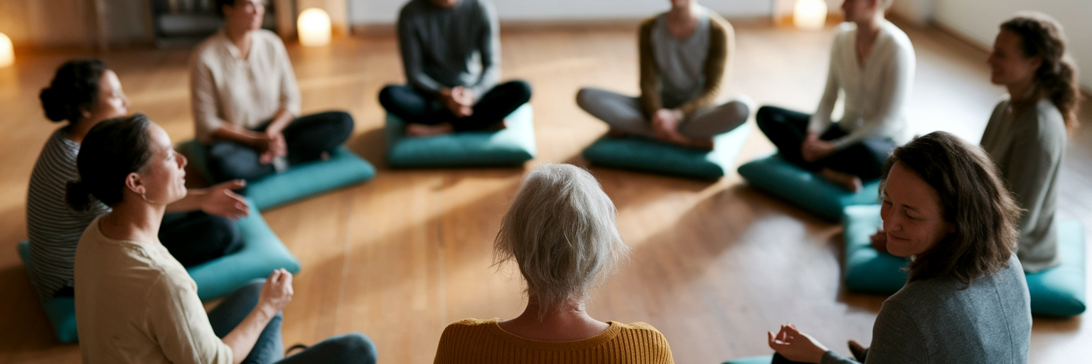 Diverse group chanting peacefully at kirtan.