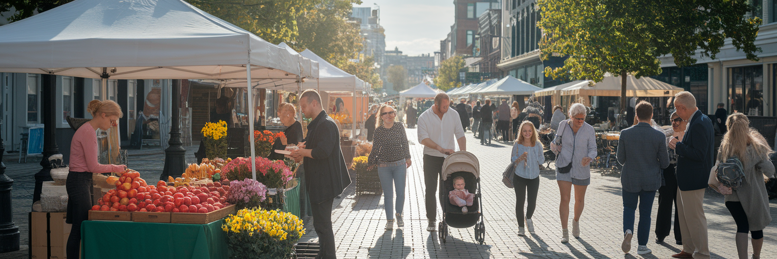 Diverse group of people at outdoor market.
