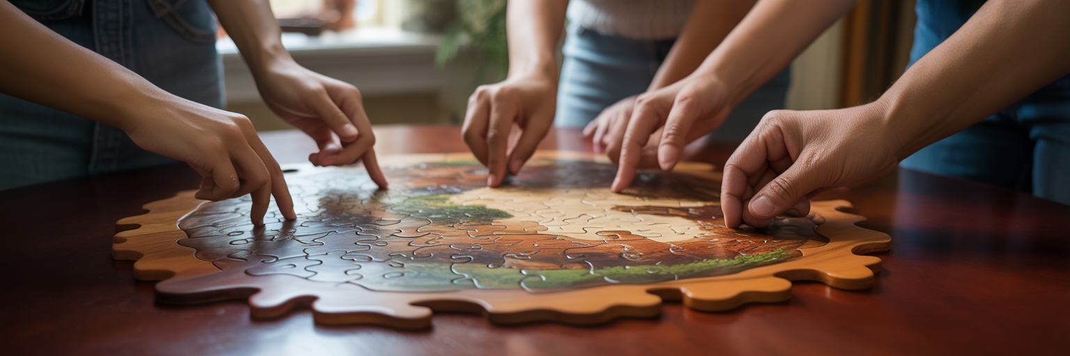 Diverse hands assembling a wooden puzzle