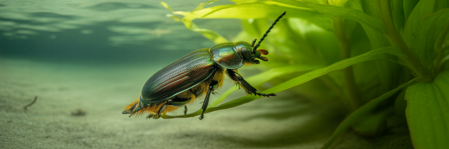Diving beetle with plastron air layer underwater