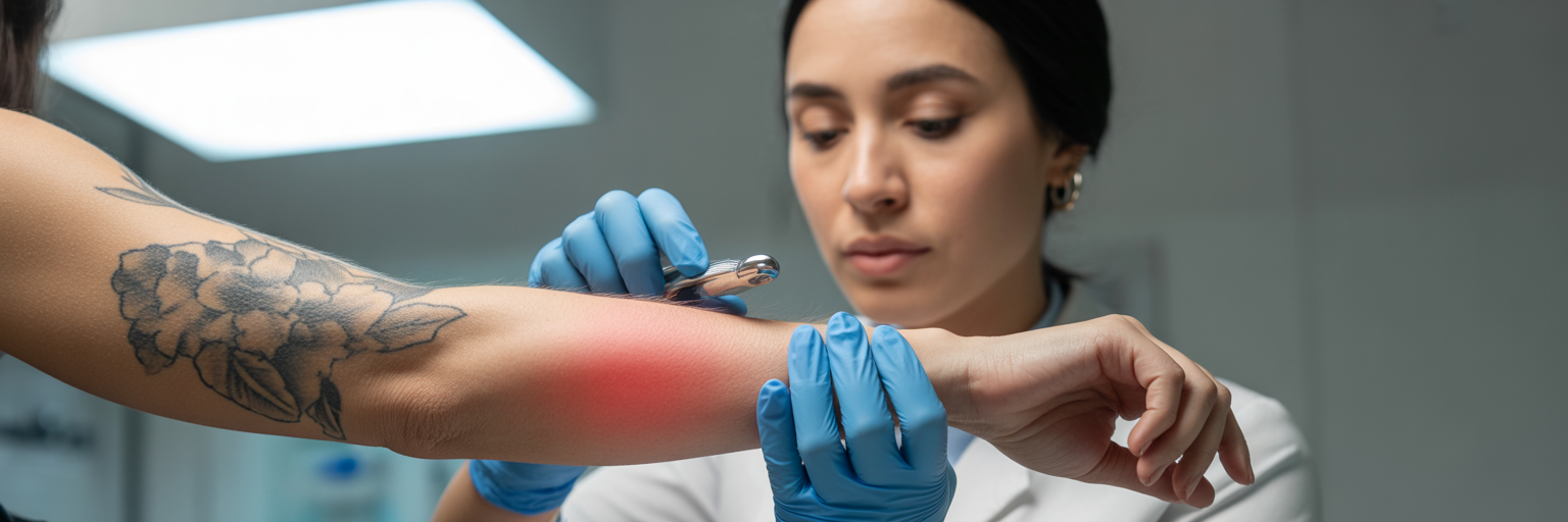 Doctor examining skin for tattoo infection.