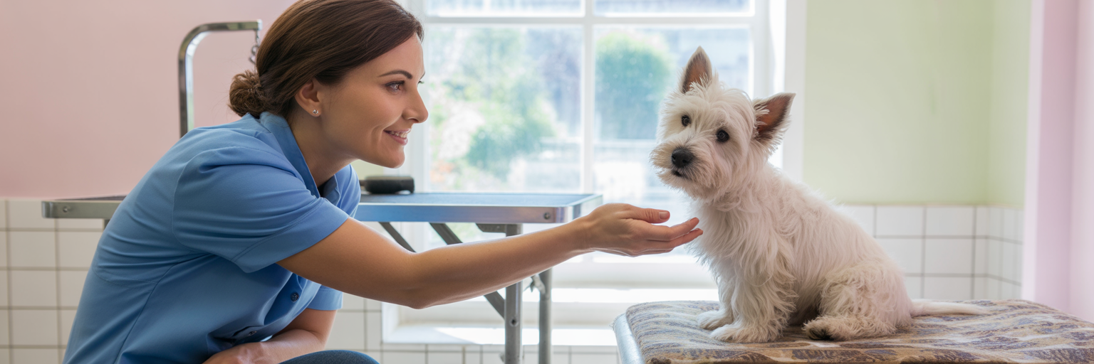 Dog owner consulting with a professional groomer.