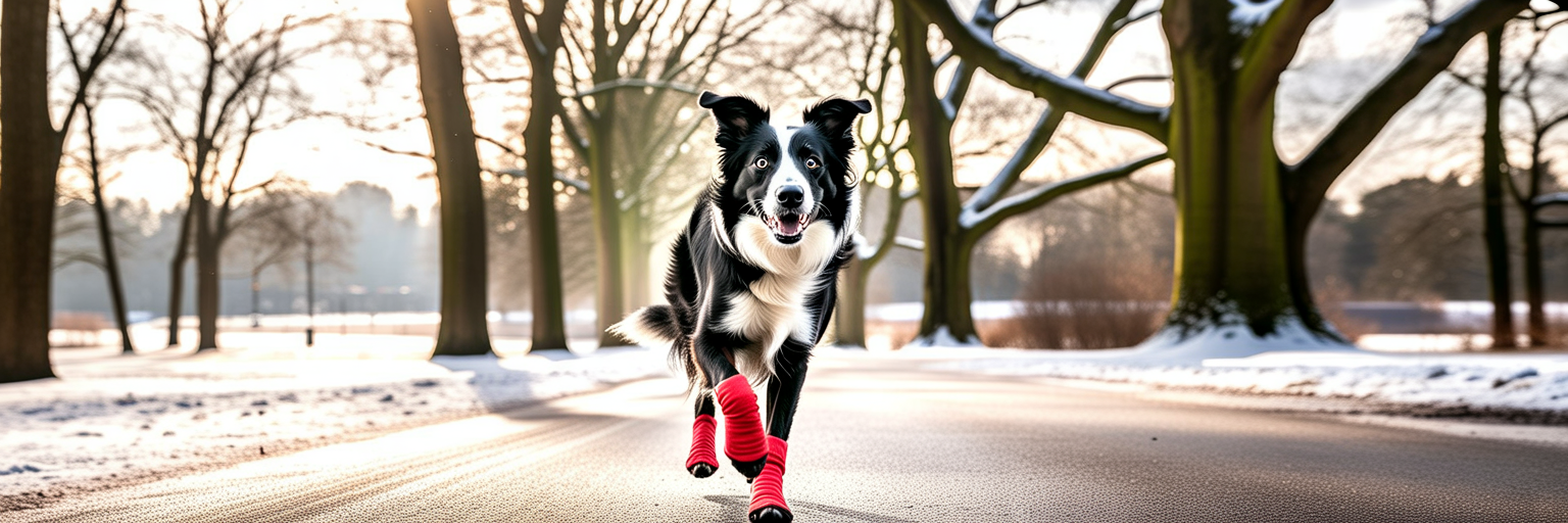Dog wearing winter boots on park walk.