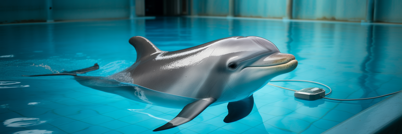 Dolphin in research pool with monitoring equipment.