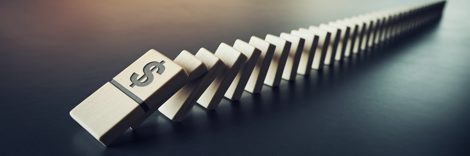 Domino with dollar sign starting chain reaction.