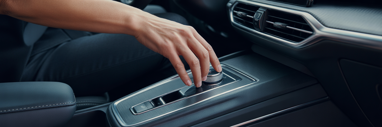 Driver's hand on modern push-button gear selector.