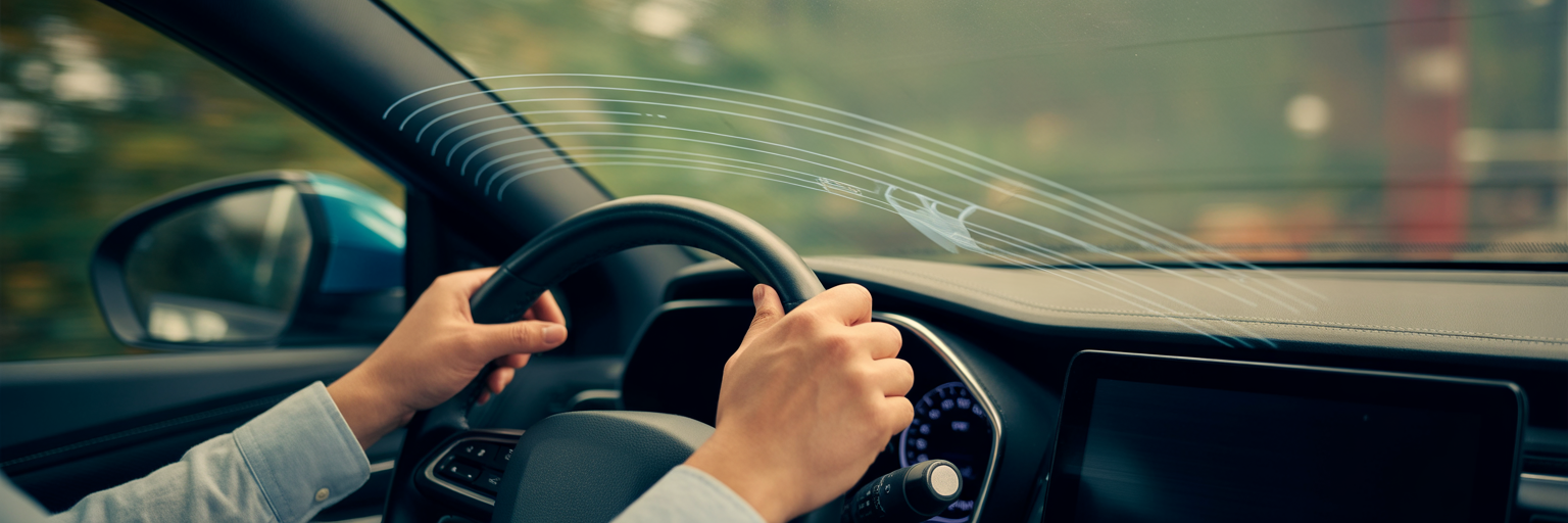 Driver's hands on wheel with safety system indicators.