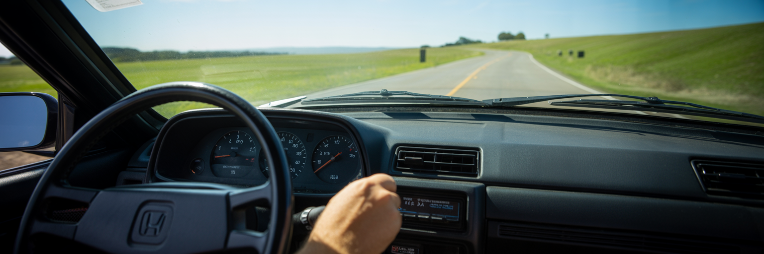 Driver's view inside classic Honda Civic.