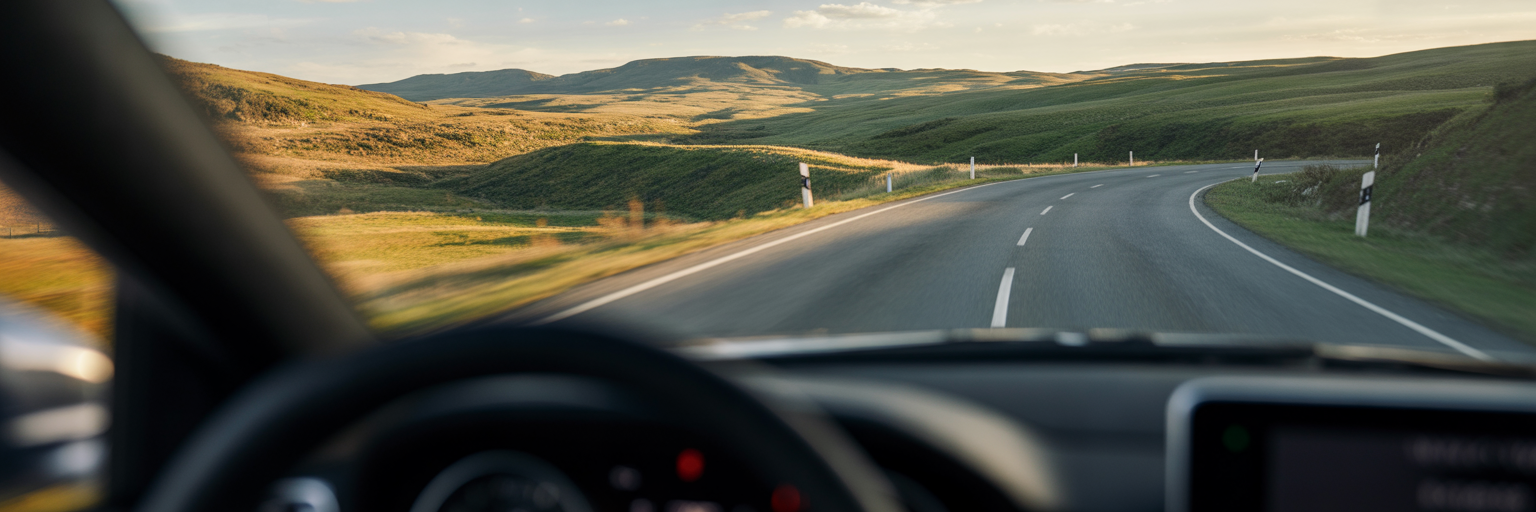 Driver's view of a winding scenic road.