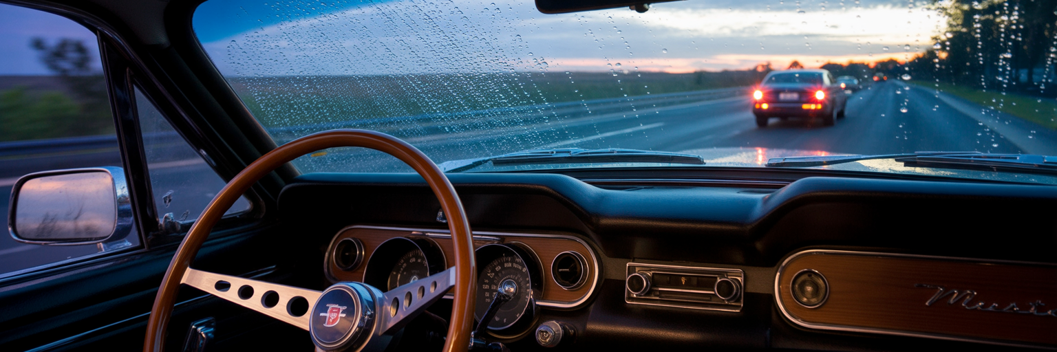Driver's view of highway at dusk.