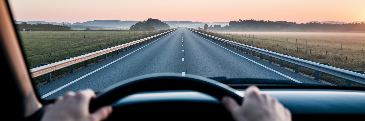 Driver's view of open highway at sunrise.