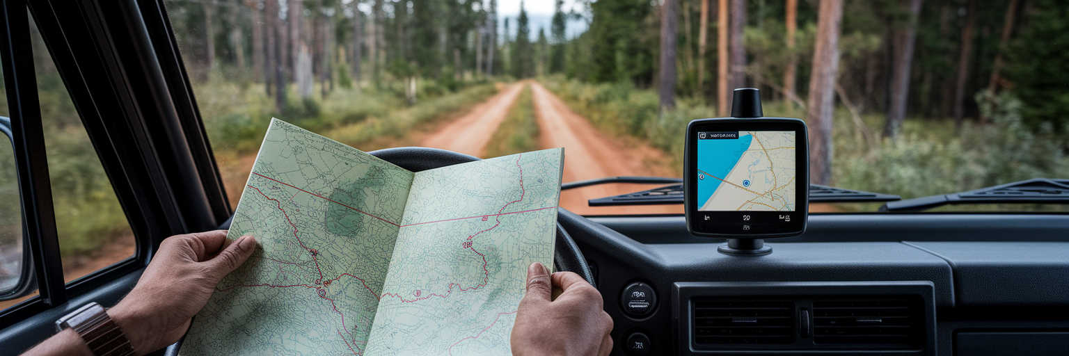 Driver using map and GPS for off-road navigation.