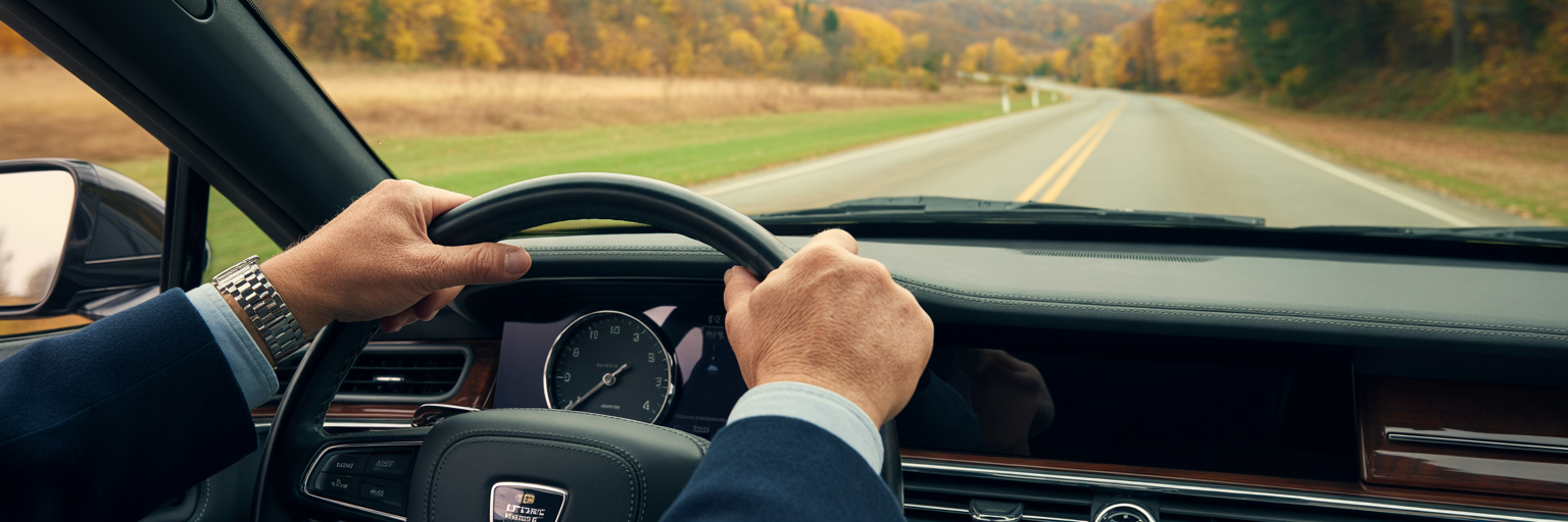 Driving a luxury sedan on a scenic road.