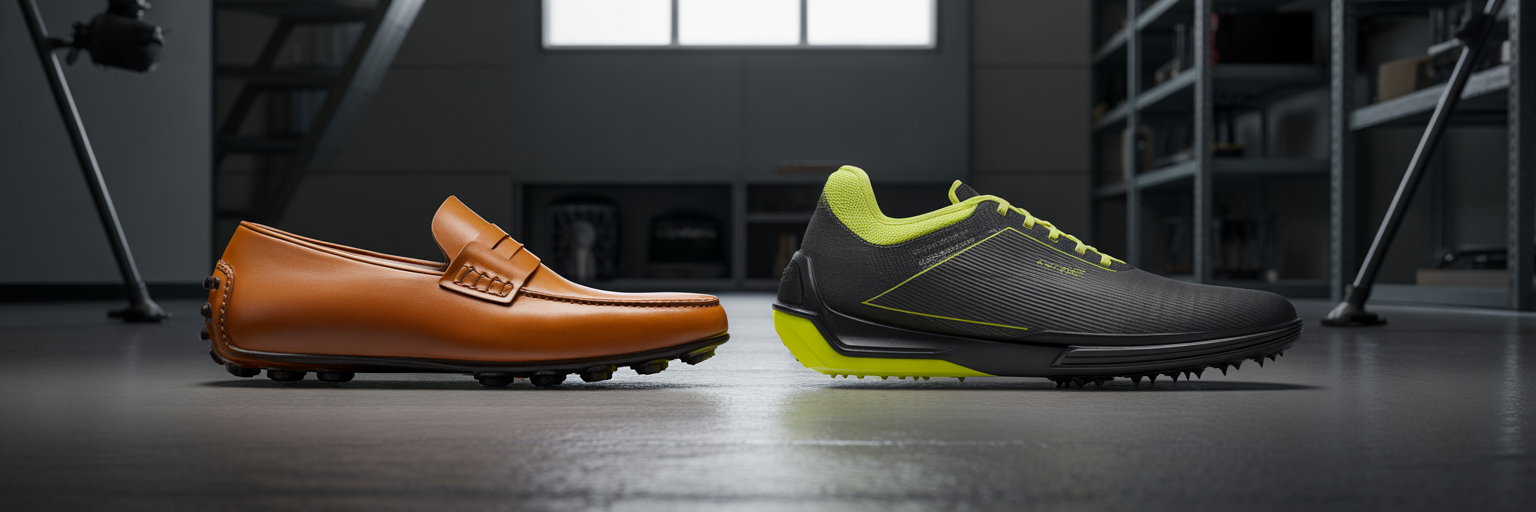 Driving loafer versus track spike comparison.